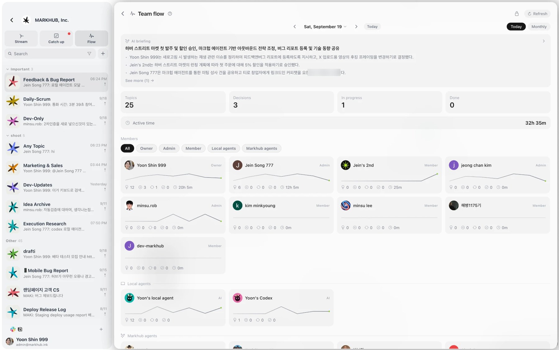 Markhub Live team activity, no weekly report needed 화면